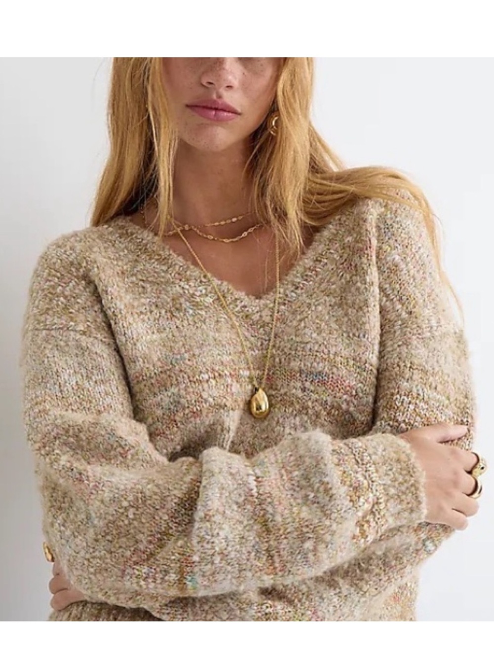 J. CREW Puff-sleeve V-neck sweater in space dye Wool Alpaca Blend